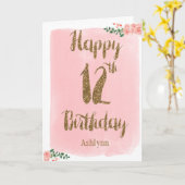 Waterverf Roze en Gouden Glitter 12e Verjaardag Kaart (Gele Bloem)