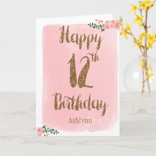 Waterverf Roze en Gouden Glitter 12e Verjaardag Kaart (Gele Bloem)