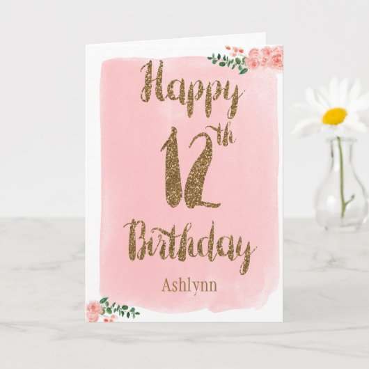 Waterverf Roze en Gouden Glitter 12e Verjaardag Kaart (Kleine Plant)