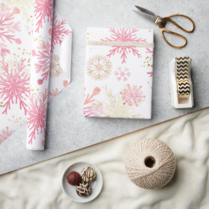 Waterverf Roze en Gouden Glitter Winter Sneeuwvlok Cadeaupapier