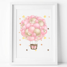Waterverf Roze en Gouden Heet Lucht Ballon Print