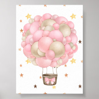 Waterverf Roze en Gouden Heet Luchtballon Print