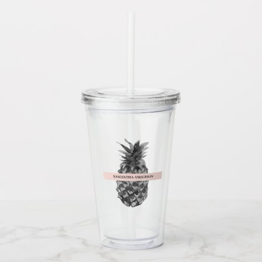 Waterverf Roze en grijze ananas | JOUW NAAM Acryl Drinkbeker (Voorkant)