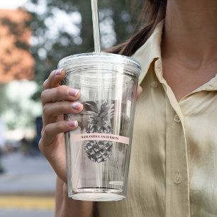 Waterverf Roze en grijze ananas   JOUW NAAM Acryl Drinkbeker