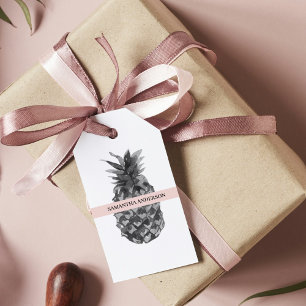 Waterverf Roze en grijze ananas   JOUW NAAM Cadeaulabel