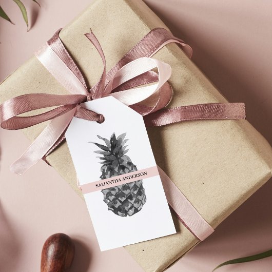 Waterverf Roze en grijze ananas | JOUW NAAM Cadeaulabel