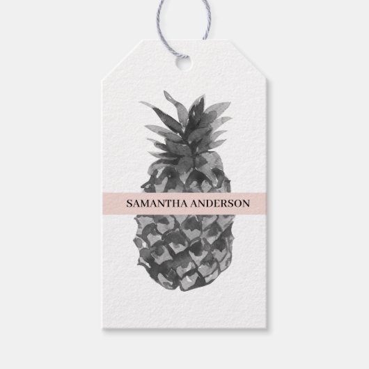 Waterverf Roze en grijze ananas | JOUW NAAM Cadeaulabel (Voorkant)