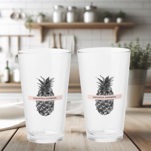 Waterverf Roze en grijze ananas | JOUW NAAM Glas