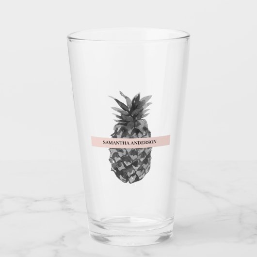 Waterverf Roze en grijze ananas | JOUW NAAM Glas (Voorkant)