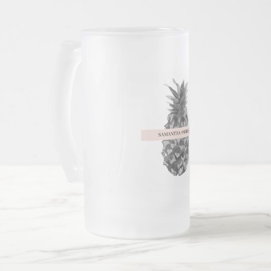 Waterverf Roze en grijze ananas | JOUW NAAM Matglas Bierpul (Voorkant links)