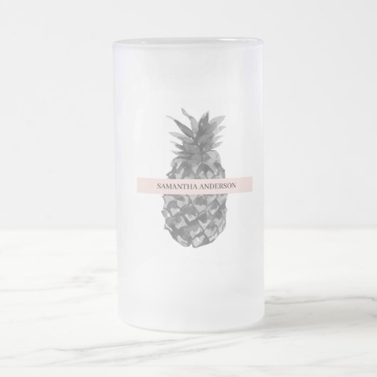 Waterverf Roze en grijze ananas | JOUW NAAM Matglas Bierpul (Center)