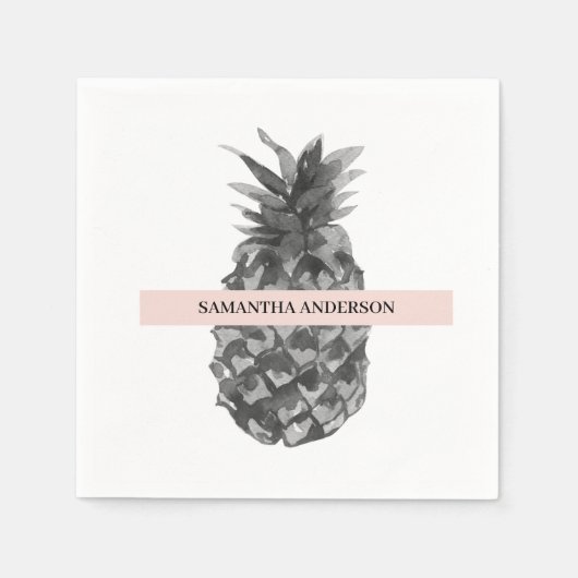 Waterverf Roze en grijze ananas | JOUW NAAM Servet (Voorkant)