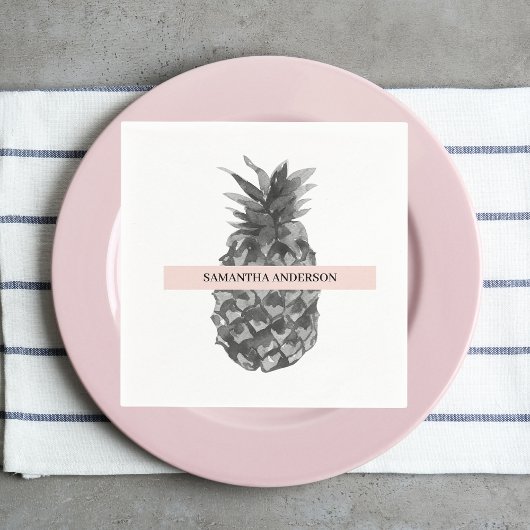 Waterverf Roze en grijze ananas | JOUW NAAM Servet