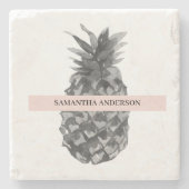 Waterverf Roze en grijze ananas | JOUW NAAM Stenen Onderzetter (Voorkant)