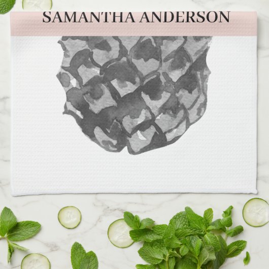 Waterverf Roze en grijze ananas | JOUW NAAM Theedoek (Gevouwen)