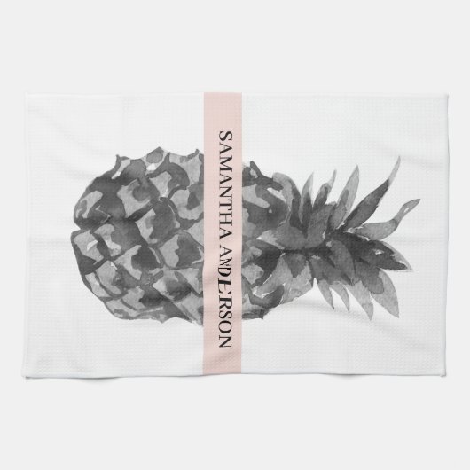 Waterverf Roze en grijze ananas | JOUW NAAM Theedoek (Horizontaal)