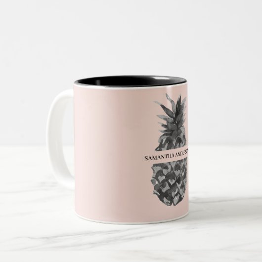 Waterverf Roze en grijze ananas | JOUW NAAM Tweekleurige Koffiemok (Voorkant links)