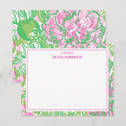 Waterverf roze en groen bloemenbriefpapier notitiekaartje (Voorkant / Achterkant)