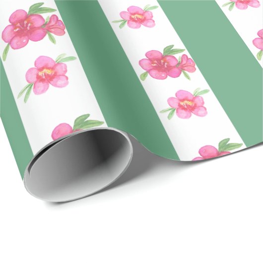 Waterverf roze en groene bloemen en strepen cadeaupapier (Rol Hoek)
