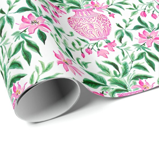 Waterverf Roze en Groene Bloemen Ginger Jars Cadeaupapier (Rol Hoek)