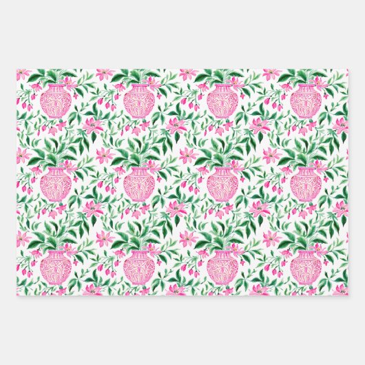 Waterverf Roze en Groene Bloemen Ginger Jars Inpakpapier Vel (Voorkant 2)