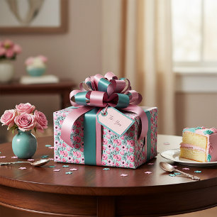 Waterverf roze en groene bloempatroon cadeaupapier