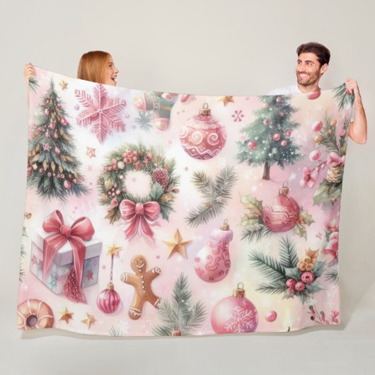Waterverf Roze en Groene Kerstmis Motieven Collage Fleece Deken (In situ)
