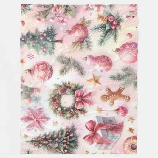 Waterverf Roze en Groene Kerstmis Motieven Collage Fleece Deken (Voorkant)