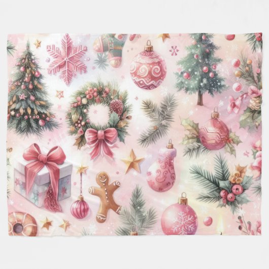 Waterverf Roze en Groene Kerstmis Motieven Collage Fleece Deken (Voorkant (Horizontaal))