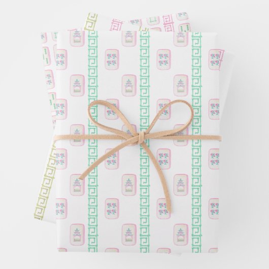 Waterverf roze en groene mahjong inpakpapier vel (In situ)