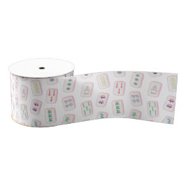 Waterverf Roze en Groene Mahjong Tegels Grosgrain Lint