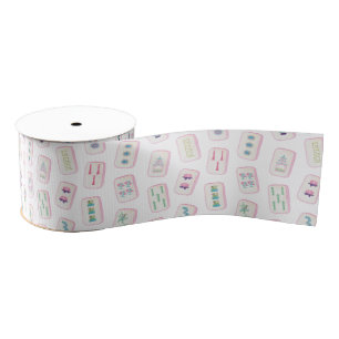 Waterverf Roze en Groene Mahjong Tegels Grosgrain Lint