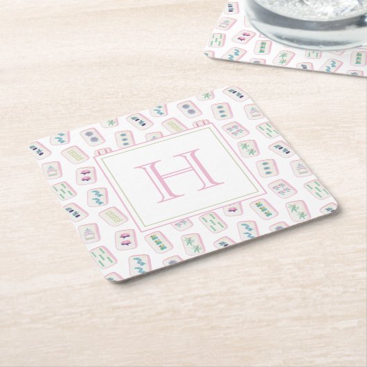 Waterverf Roze en Groene Mahjong Tegels Monogram Kartonnen Onderzetters (Schuin)
