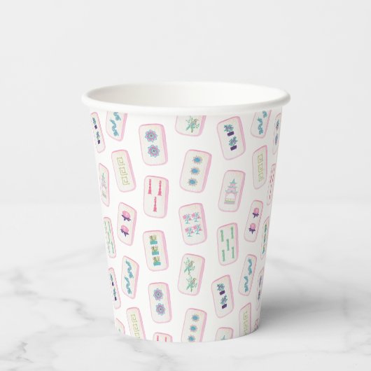 Waterverf Roze en Groene Mahjong Tegels Monogram Papieren Bekers (Achterkant)