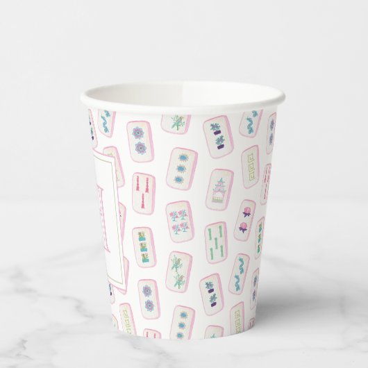 Waterverf Roze en Groene Mahjong Tegels Monogram Papieren Bekers (Links)
