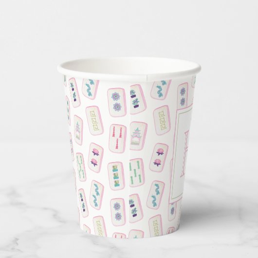 Waterverf Roze en Groene Mahjong Tegels Monogram Papieren Bekers (Rechts)