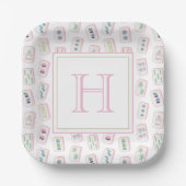 Waterverf Roze en Groene Mahjong Tegels Monogram Papieren Bordje (Voorkant)