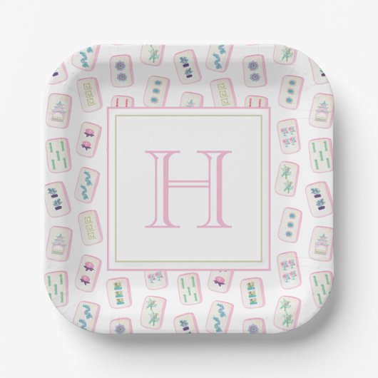 Waterverf Roze en Groene Mahjong Tegels Monogram Papieren Bordje (Voorkant)