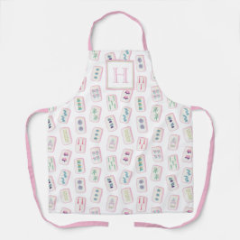 Waterverf Roze en Groene Mahjong Tegels Monogram Schort