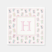 Waterverf Roze en Groene Mahjong Tegels Monogram Servet (Voorkant)