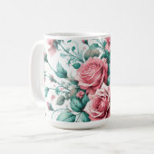  Waterverf Roze en Groene Rozen Koffiemok (Voorkant links)