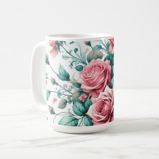  Waterverf Roze en Groene Rozen Koffiemok (Voorkant links)