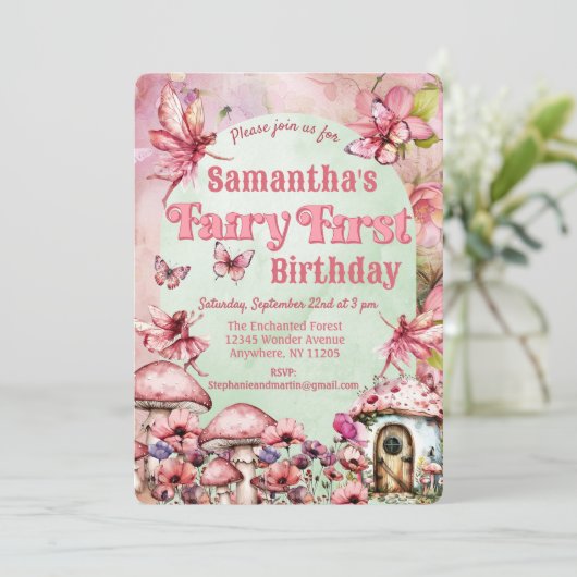 Waterverf Roze en Groene Sprookje Eerste Verjaarda Kaart (Staand voorkant)