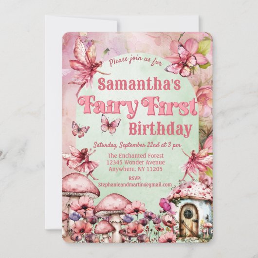 Waterverf Roze en Groene Sprookje Eerste Verjaarda Kaart (Voorkant)