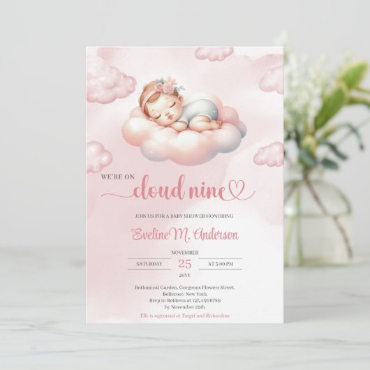 Waterverf roze en ivoren wolk negen meisje kaart (Staand voorkant)