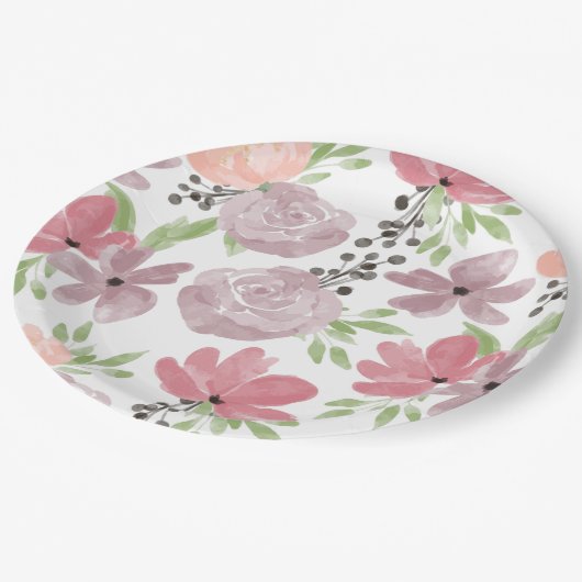 Waterverf Roze en Lila Bloemen Papieren Bordje (Gekanteld)