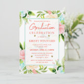 Waterverf Roze en Mint Bloemen Afstuderen Kaart (Staand voorkant)
