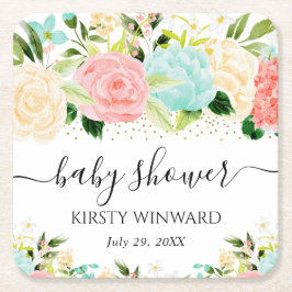 Waterverf Roze en Mint Bloemen Baby Shower Kartonnen Onderzetters