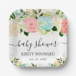 Waterverf Roze en Mint Bloemen Baby Shower Papieren Bordje