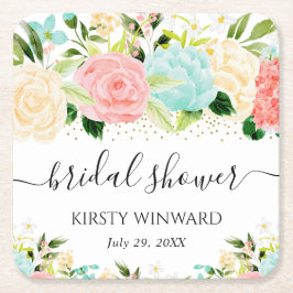 Waterverf Roze en Mint Bloemen Bruidsdouche Kartonnen Onderzetters